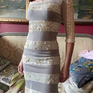 French Connection grey and ivory sequined dress size 8